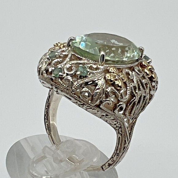 WB WEINMAN BROTHERS Sterling Silver & 14 K Gold Green Amethyst Ring - Size 9.25 - Picture 5 of 8